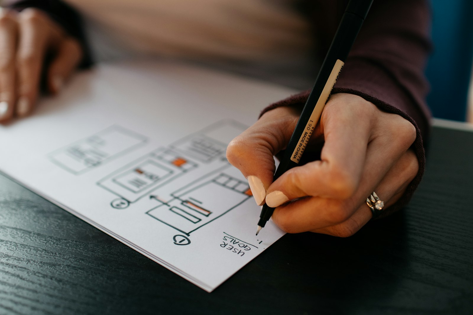 A hand sketching a workflow diagram on paper