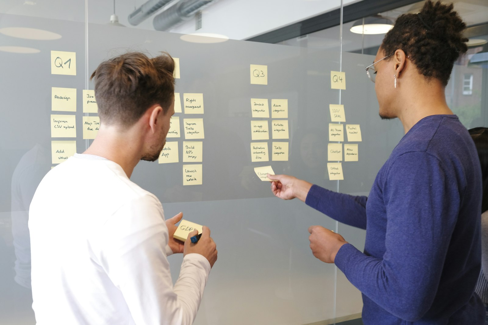 Two people mapping a plan with sticky notes